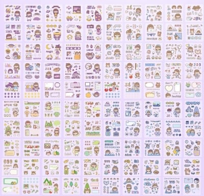 Picture of 100 Sheets Stickers Box Galaxy Dream Anime Figure Pattern Decorative PET Cartoon Character Decals for Scrapbook-Purple
