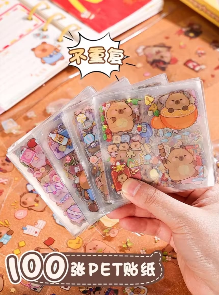Picture of 100PCS/SET Stickers Gift Capybara Cute Cartoon Ins Sweetheart Girl Material Diary Decorative Stickers Kawaii Planner Stickers |-Yellow