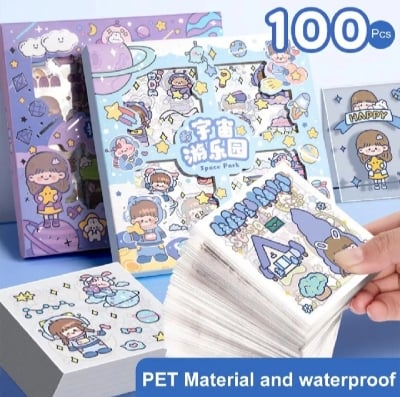 Picture of 100 Sheets Stickers Box Space Park Anime Figure Pattern Decorative PET Cartoon Character Decals for Scrapbook |-Purple