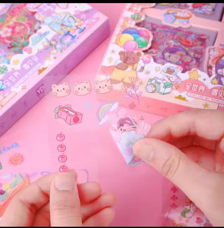 Picture of 100 Sheets Stickers Box Space Park Anime Figure Pattern Decorative PET Cartoon Character Decals for Scrapbook-Pink