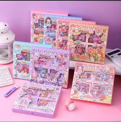 Picture of 100 Sheets Stickers Box Space Park Anime Figure Pattern Decorative PET Cartoon Character Decals for Scrapbook-Pink