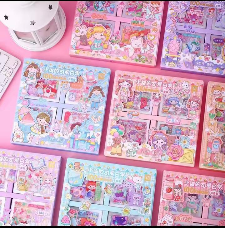 Picture of 100 Sheets Stickers Box Space Park Anime Figure Pattern Decorative PET Cartoon Character Decals for Scrapbook-Pink