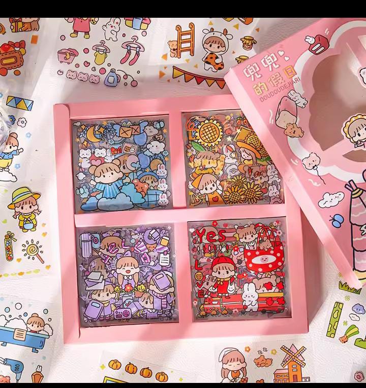 Picture of 100 Sheets Stickers Box Space Park Anime Figure Pattern Decorative PET Cartoon Character Decals for Scrapbook-Pink