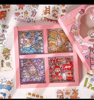 Picture of 100 Sheets Stickers Box Space Park Anime Figure Pattern Decorative PET Cartoon Character Decals for Scrapbook-Pink