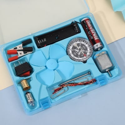 Picture of Science Box With Plastic Box Includes Fan, Compass, Light, Battery Electric Circuit Motor School Set 12 Pieces Electronic Science Project Kit for Kids Interesting Project for kids, dr Light Control Fan Circuit Science Diy Kit Educational (Big) |-Multicolor