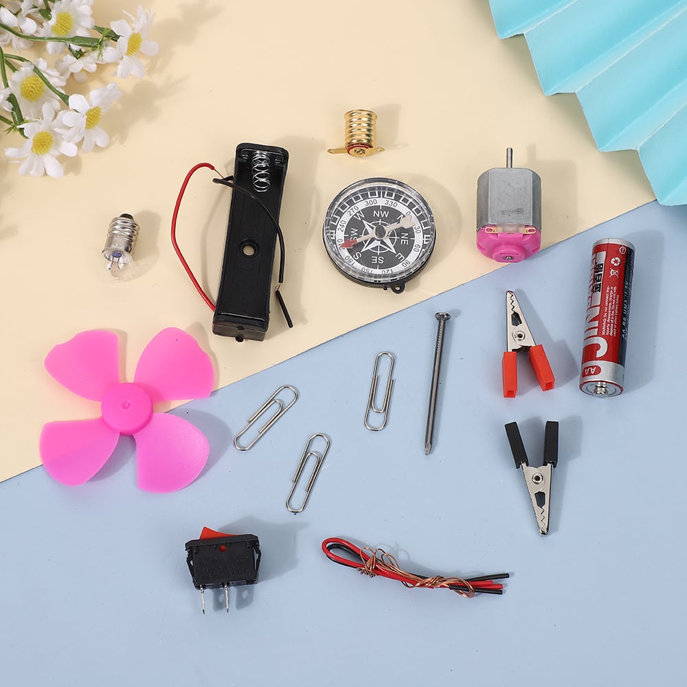 Picture of Science Box With Plastic Box Includes Fan, Compass, Light, Battery Electric Circuit Motor School Set 12 Pieces Electronic Science Project Kit for Kids Interesting Project for kids, dr Light Control Fan Circuit Science Diy Kit Educational (Big) |-Multicolor