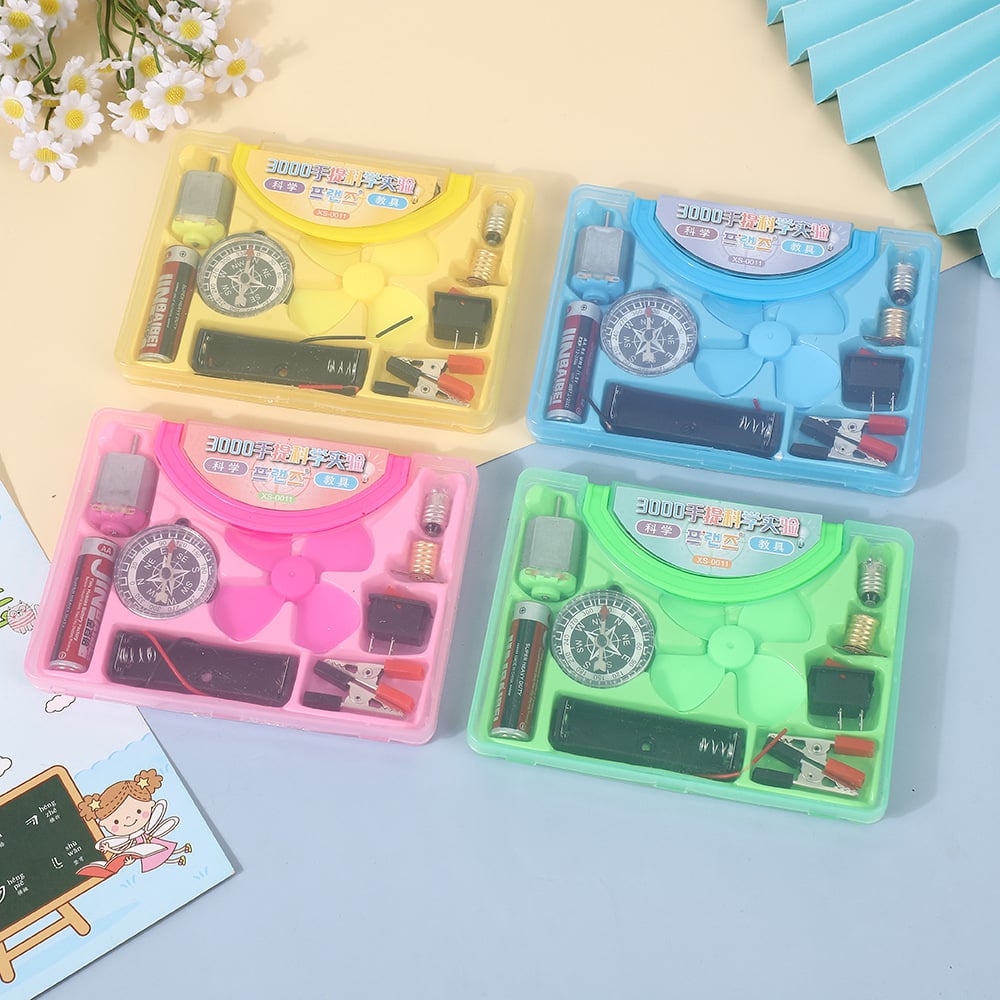 Picture of Science Box With Plastic Box Includes Fan, Compass, Light, Battery Electric Circuit Motor School Set 12 Pieces Electronic Science Project Kit for Kids Interesting Project for kids, dr Light Control Fan Circuit Science Diy Kit Educational (Big) |-Multicolor