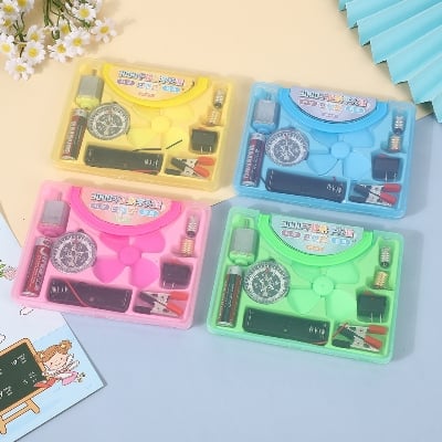 Picture of Science Box With Plastic Box Includes Fan, Compass, Light, Battery Electric Circuit Motor School Set 12 Pieces Electronic Science Project Kit for Kids Interesting Project for kids, dr Light Control Fan Circuit Science Diy Kit Educational (Big) |-Multicolor