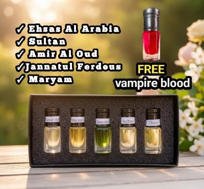 Picture of 5 pcs Combo Attar 3ml(Ehsas Al Arabia,Sultan,Amir Al Oud,Jannatul Ferdous,Maryam) FREE -VAMPIRE BLOOD.-Body