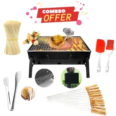 Picture of Combo 5-In-1 Offer BBQ Machine+12 Pieces BBQ Stick+2 Pieces Silicone Oil Brush+Steel Food Clip+Bamboo Shashlik Stick 8 inch 1 Pack