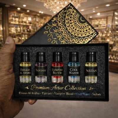 Picture of Premium Arabic Attar Gift Set – 5 Exclusive Fragrances (Vampire Blood 3ml, Cool Water3ml, Fantasy 3ml, Sultan 3ml, Ehsaas Al Arabia 3ml)-Body