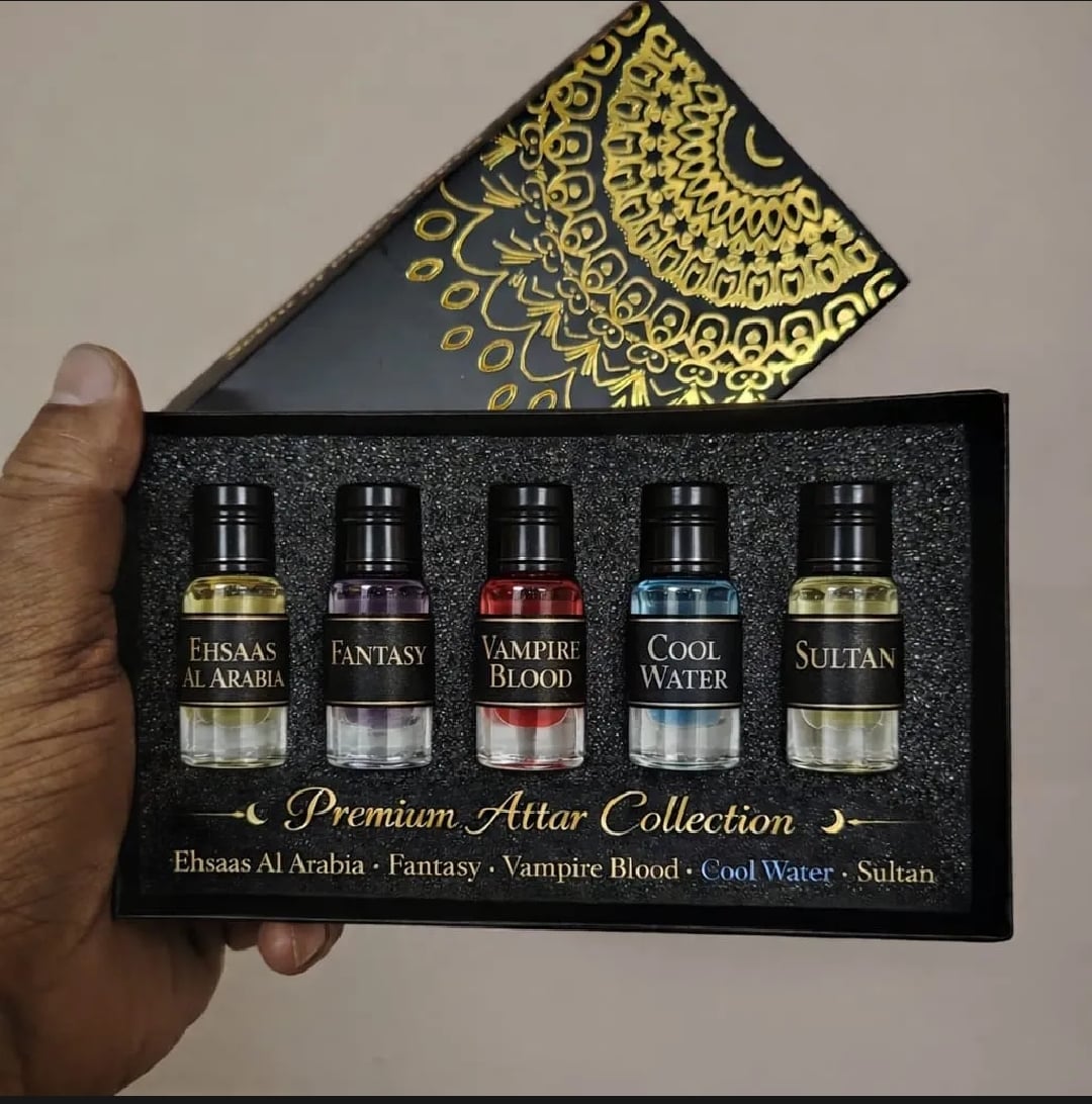 Picture of Premium Arabic Attar Gift Set – 5 Exclusive Fragrances (Vampire Blood 3ml, Cool Water 3ml, Fantasy 3ml, Sultan 3ml, Ehsaas Al Arabia 3ml) |-Body