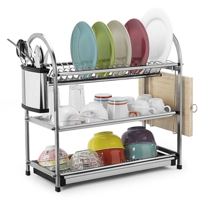 Picture of Stainless Steel Dish Rack Set 3-Tier Kitchen Organizer Tools Plate Spoon Storage Frame Drain Bowl Rack Kitchen Dish Shelf