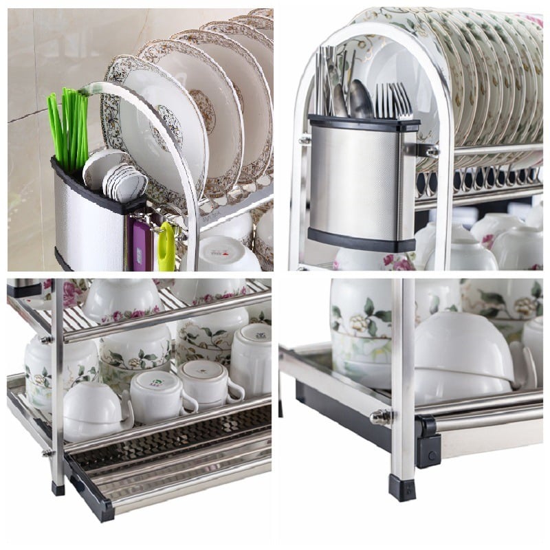 Picture of Stainless Steel Dish Rack Set 3-Tier Kitchen Organizer Tools Plate Spoon Storage Frame Drain Bowl Rack Kitchen Dish Shelf