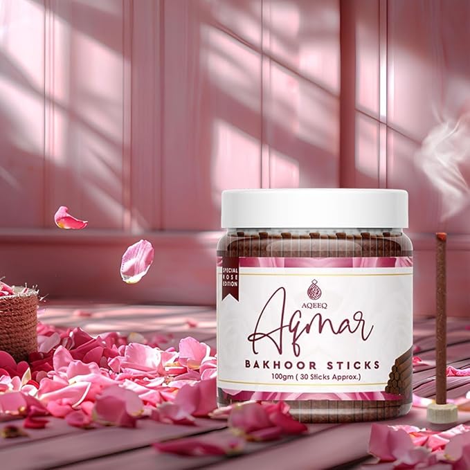 Picture of Aqmar Premium Bakhoor Sticks | Pure Rose Bakhoor Incense | Charcoal & Bamboo Free | Rose Fragrance Bukhoor Sticks for Home, Prayer, Meditation & Relaxation | 100g Jar-Multicolor