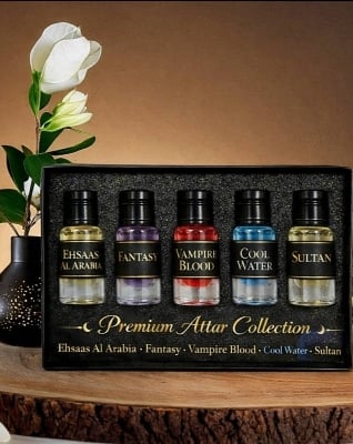 Picture of Premium Arabic Attar Gift Set – 5 Exclusive Fragrances (Vampire Blood 3ml, Cool Water 3ml, Fantasy 3ml, Sultan 3ml, Ehsaas Al Arabia 3ml) |-Multicolor