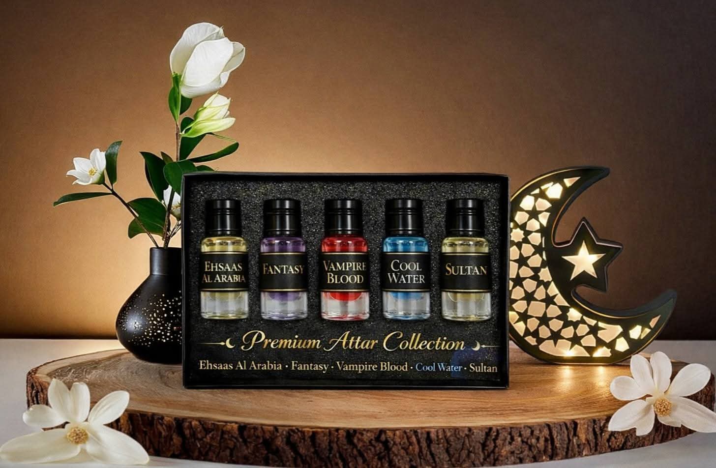 Picture of Premium Arabic Attar Gift Set – 5 Exclusive Fragrances (Vampire Blood 3ml, Cool Water 3ml, Fantasy 3ml, Sultan 3ml, Ehsaas Al Arabia 3ml) |-Multicolor