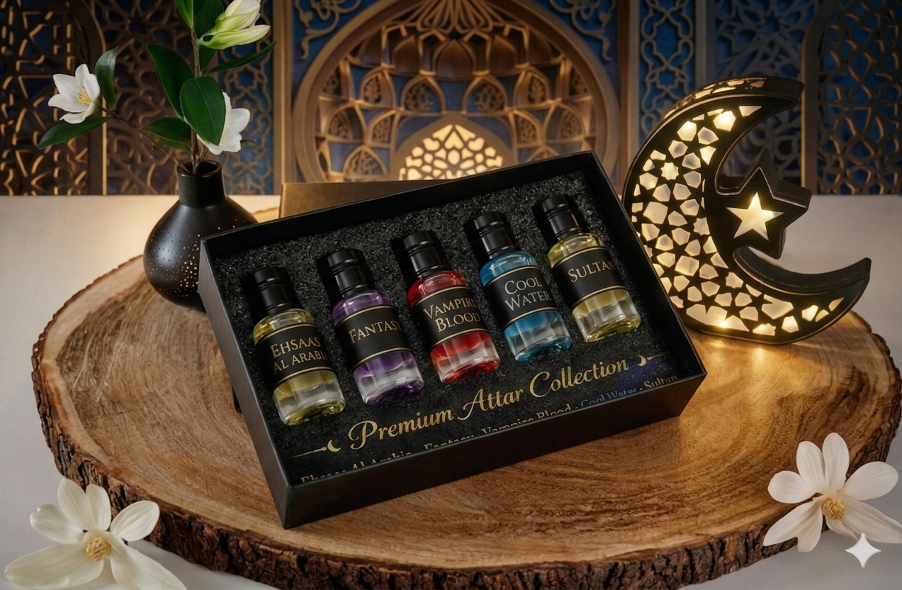 Picture of Premium Arabic Attar Gift Set – 5 Exclusive Fragrances (Vampire Blood 3ml, Cool Water 3ml, Fantasy 3ml, Sultan 3ml, Ehsaas Al Arabia 3ml) |-Multicolor