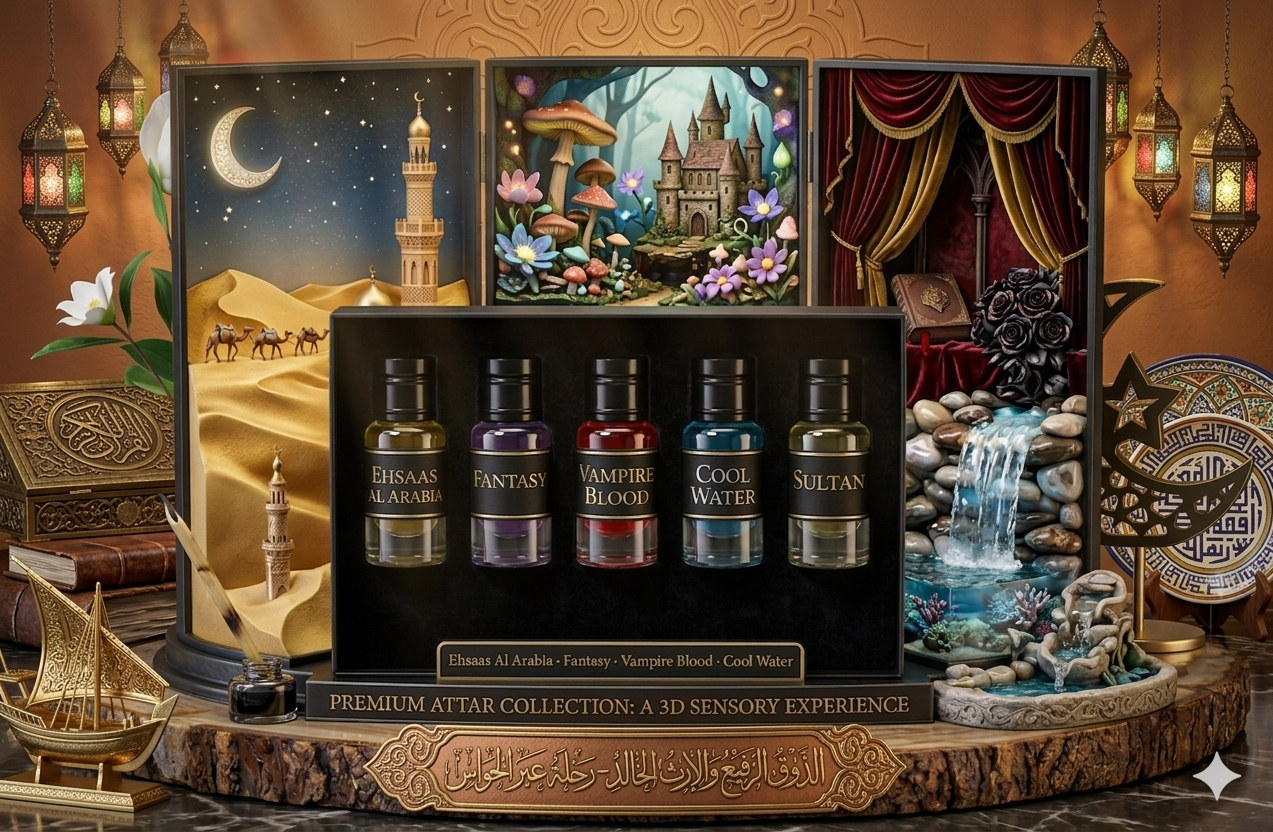 Picture of Premium Arabic Attar Gift Set – 5 Exclusive Fragrances (Vampire Blood 3ml, Cool Water 3ml, Fantasy 3ml, Sultan 3ml, Ehsaas Al Arabia 3ml) |-Multicolor