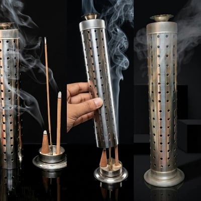 Picture of 1 ps - Safety Stainless Steel Agarbatti Stand | Incense Stick Stand Holder with Ash Catcher & Dhoop Holder on Top for Home, Office & Temple-Multicolor