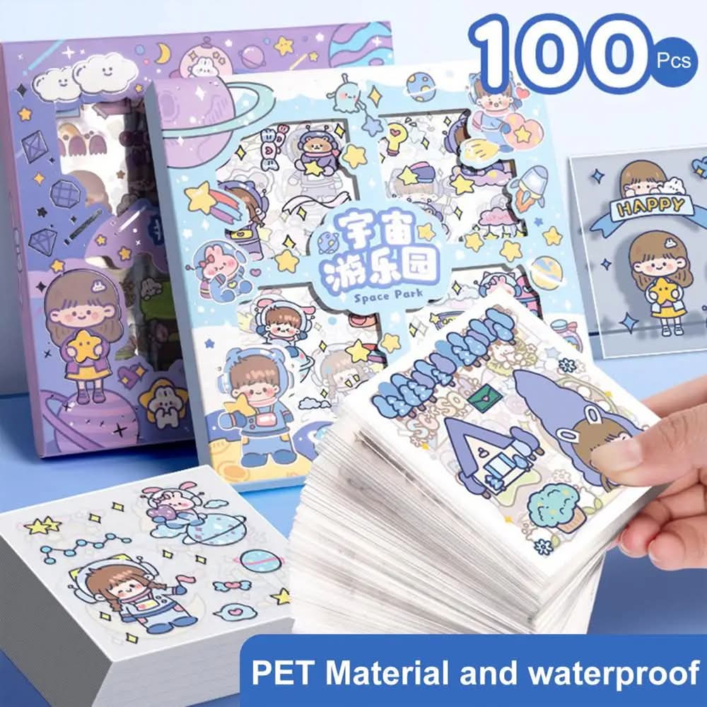 Picture of 100 Sheets Stickers Box Space Park Anime Figure Pattern Decorative PET Cartoon Character Decals for Scrapbook |-Multicolor