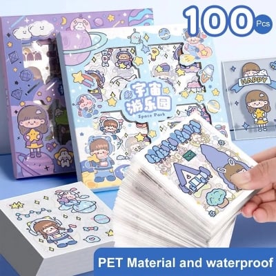 Picture of 100 Sheets Stickers Box Space Park Anime Figure Pattern Decorative PET Cartoon Character Decals for Scrapbook |-Multicolor
