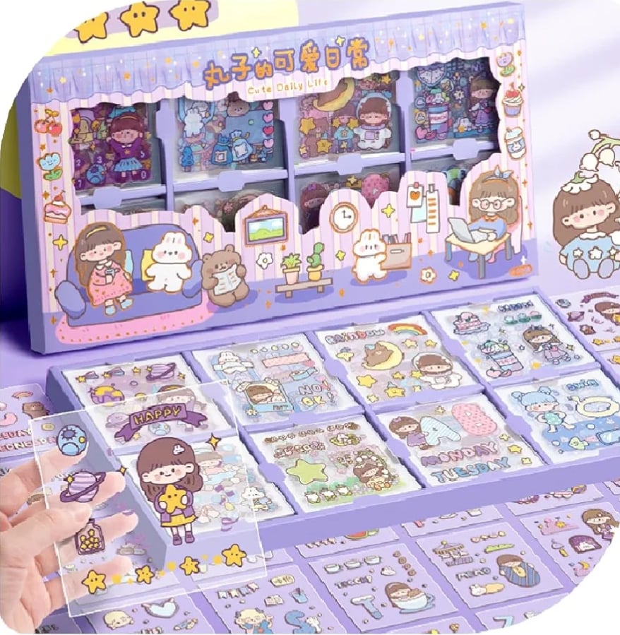Picture of 200pcs Cute Cartoon Stickers - Waterproof Vinyl Transparent Kawaii Stickers for Notebook, Laptop, Scrapbook, Journaling, Diary, Album, and Planners - Boxed Gifts for Kids, Girls, Boys-Multicolor