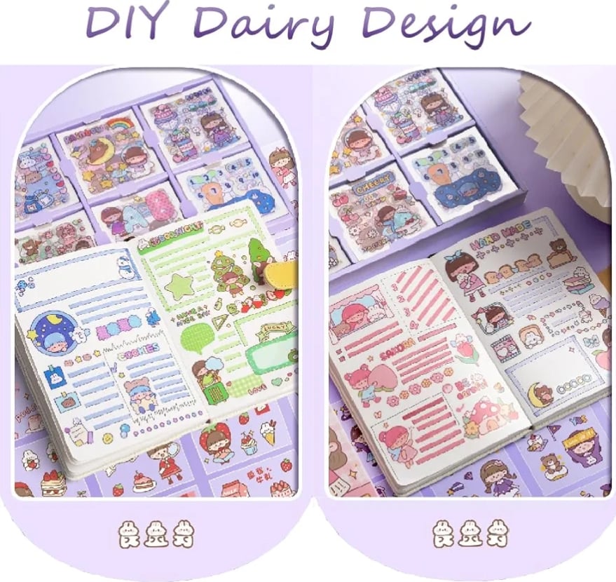 Picture of 200pcs Cute Cartoon Stickers - Waterproof Vinyl Transparent Kawaii Stickers for Notebook, Laptop, Scrapbook, Journaling, Diary, Album, and Planners - Boxed Gifts for Kids, Girls, Boys-Multicolor