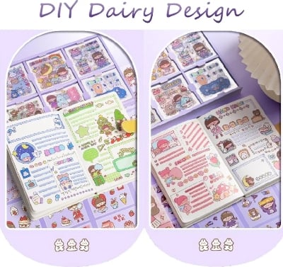 Picture of 200pcs Cute Cartoon Stickers - Waterproof Vinyl Transparent Kawaii Stickers for Notebook, Laptop, Scrapbook, Journaling, Diary, Album, and Planners - Boxed Gifts for Kids, Girls, Boys-Multicolor