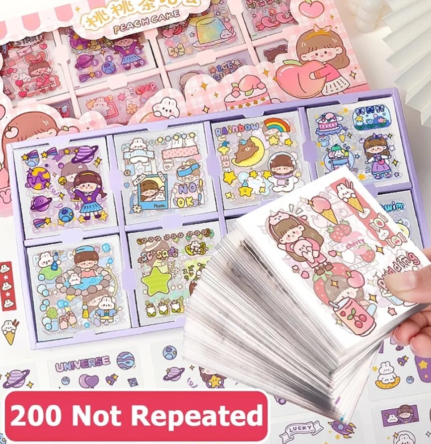 Picture of 200pcs Cute Cartoon Stickers - Waterproof Vinyl Transparent Kawaii Stickers for Notebook, Laptop, Scrapbook, Journaling, Diary, Album, and Planners - Boxed Gifts for Kids, Girls, Boys-Multicolor