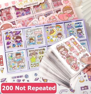 Picture of 200pcs Cute Cartoon Stickers - Waterproof Vinyl Transparent Kawaii Stickers for Notebook, Laptop, Scrapbook, Journaling, Diary, Album, and Planners - Boxed Gifts for Kids, Girls, Boys-Multicolor