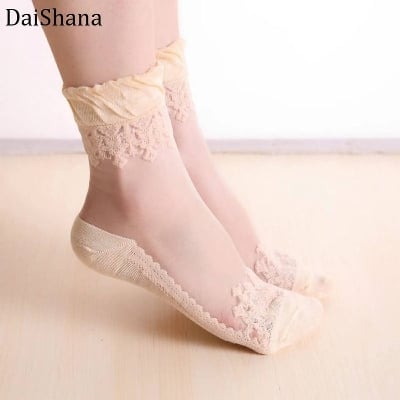Picture of Adult Women Ultra thin Transparent Crystal Lace Silk Elastic Short Flower Pattern Spandex Ladies Socks - Brown