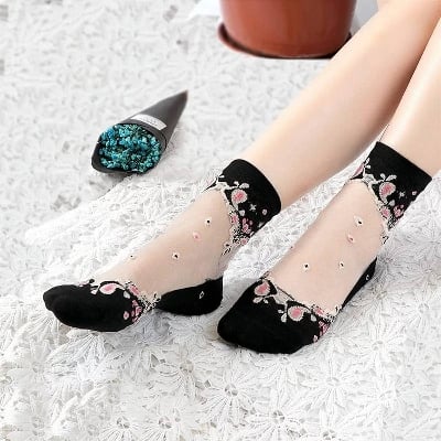Picture of Adult Women Ultra thin Transparent Crystal Lace Silk Elastic Short Flower Pattern Spandex Ladies Socks - Black