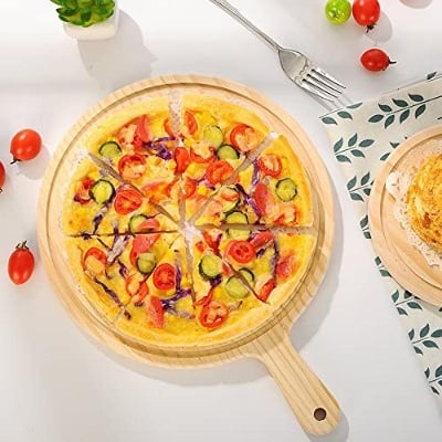 Picture of Wooden Pizza Board Round with Hand Pizza Baking Tray Pizza Stone Cutting Board Platter Pizza Cake Bakeware Tools 12 inches - Grey