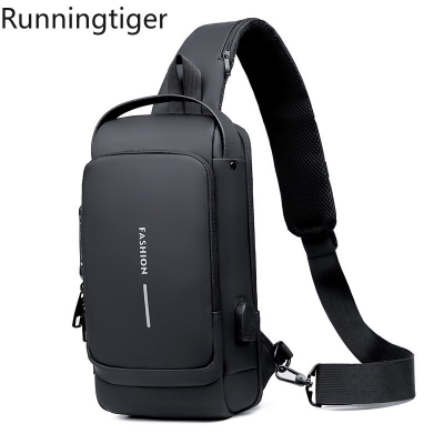 Picture of Multifunction Patent Leather Chest Bag Men Waterproof Men Crossbody Bag Anti-theft Travel Bag Male USB Charging Chest Bag Pack - Black