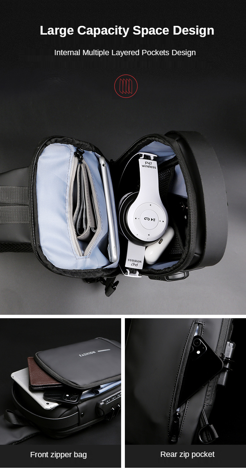 Picture of Multifunction Patent Leather Chest Bag Men Waterproof Men Crossbody Bag Anti-theft Travel Bag Male USB Charging Chest Bag Pack - Black