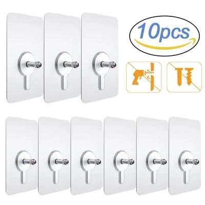 Picture of 10Pcs Strong Self Adhesive Nails Poster Seamless Wall Hook Waterproof Durable Transparent Screw Hanger Hook for Kitchen Bathroom - White