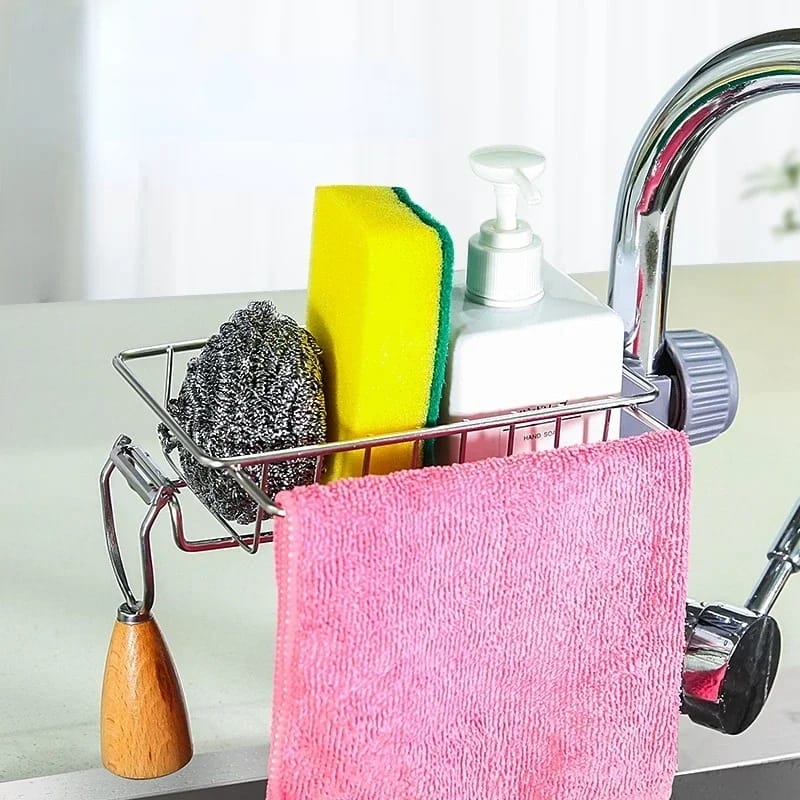 Picture of Faucet Rack Stainless Steel Kitchen Sink Caddy Storage Rack Organizer Adjustable Drain Faucet Soap Sponge Holder Shelves for Kitchen Bathroom - Silver