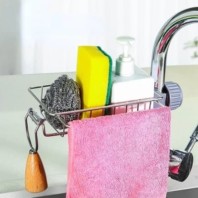 Picture of Faucet Rack Stainless Steel Kitchen Sink Caddy Storage Rack Organizer Adjustable Drain Faucet Soap Sponge Holder Shelves for Kitchen Bathroom - Silver