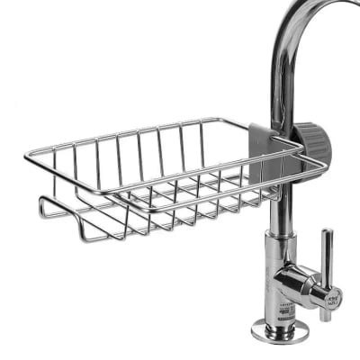 Picture of Faucet Rack Stainless Steel Kitchen Sink Caddy Storage Rack Organizer Adjustable Drain Faucet Soap Sponge Holder Shelves for Kitchen Bathroom - Silver