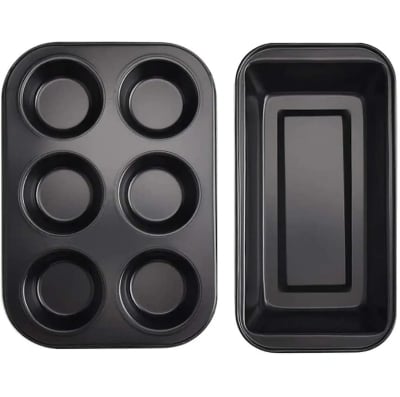 Picture of 2 Pcs - 6 Cups Cupcake Tray - Loaf Pans- Nonstick Brownie Cake Pan- Carbon Steel Bakeware For Oven Baking Muffin Tray Tool Mold - Black