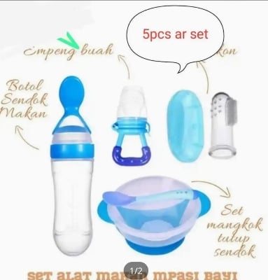 Picture of (5pc er set)Baby Silicone Spoon + plastic Feeder Pacifier, Finger Brush, Fruits Chusni,Baby Bowl+Spon - Multicolor