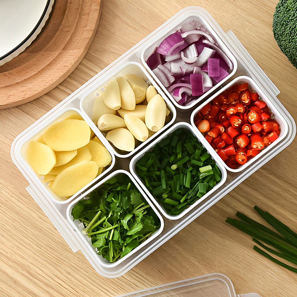 Picture of Refrigerator Storage Box 6 Grid Food Vegetable Fruit Storage Box Fridge Organizer Drain Basket Meat Onion Ginger Clear Crisper - White