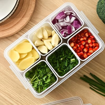 Picture of Refrigerator Storage Box 6 Grid Food Vegetable Fruit Storage Box Fridge Organizer Drain Basket Meat Onion Ginger Clear Crisper - White