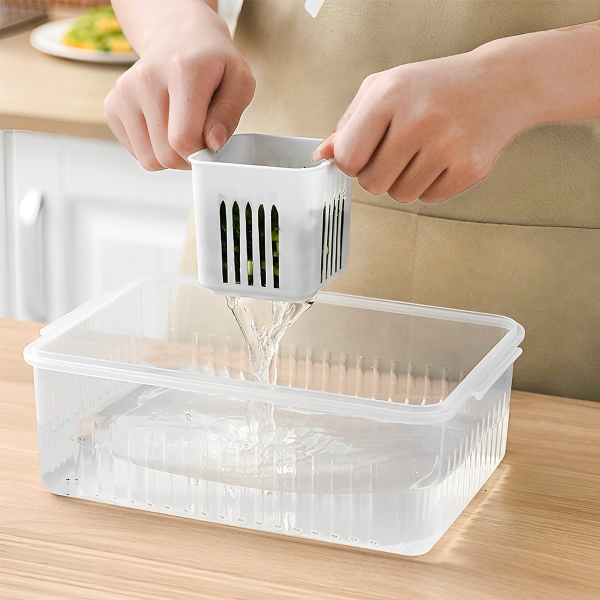 Picture of Refrigerator Storage Box 6 Grid Food Vegetable Fruit Storage Box Fridge Organizer Drain Basket Meat Onion Ginger Clear Crisper - White