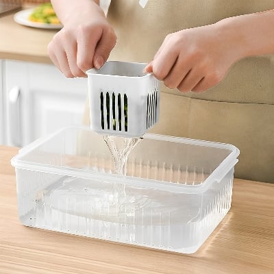 Picture of Refrigerator Storage Box 6 Grid Food Vegetable Fruit Storage Box Fridge Organizer Drain Basket Meat Onion Ginger Clear Crisper - White