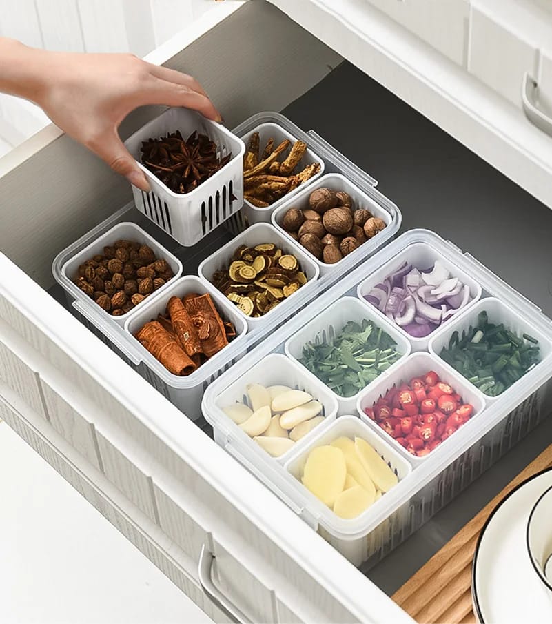 Picture of Refrigerator Storage Box 6 Grid Food Vegetable Fruit Storage Box Fridge Organizer Drain Basket Meat Onion Ginger Clear Crisper - White