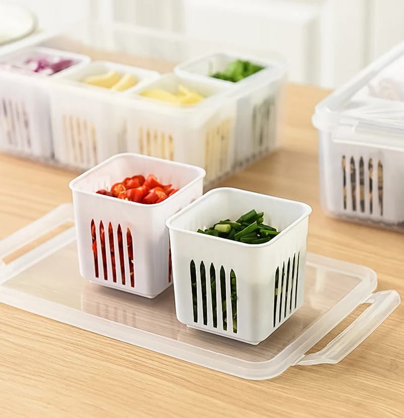 Picture of Refrigerator Storage Box 6 Grid Food Vegetable Fruit Storage Box Fridge Organizer Drain Basket Meat Onion Ginger Clear Crisper - White