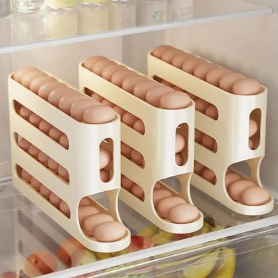 Picture of 4 Tiers Egg Holder for Fridge: 30 Eggs Auto Rolling Egg Dispenser, Space-Saving Egg Dispenser Holder, Fridge Egg Storage Rack Large Capacity Egg Organizer for Refrigerator Kichen Cabinet - Yellow
