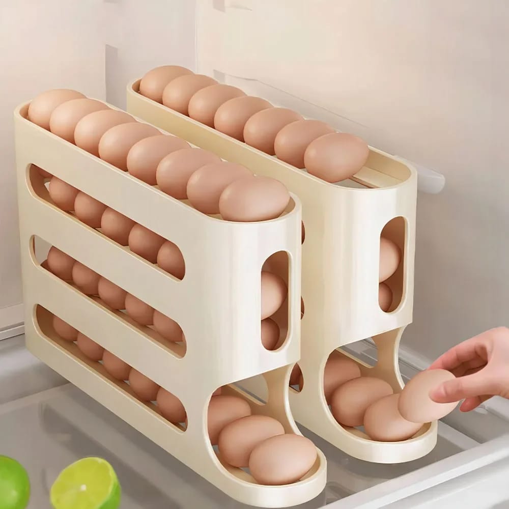 Picture of 4 Tiers Egg Holder for Fridge: 30 Eggs Auto Rolling Egg Dispenser, Space-Saving Egg Dispenser Holder, Fridge Egg Storage Rack Large Capacity Egg Organizer for Refrigerator Kichen Cabinet - Yellow
